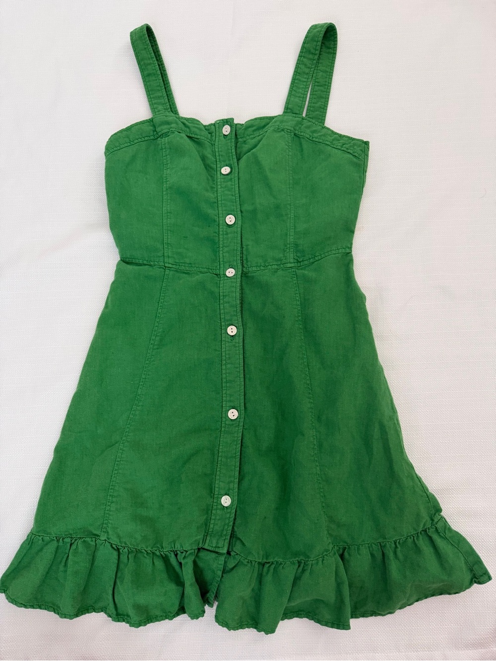 Green Button-Front Ruffle Hem Dress